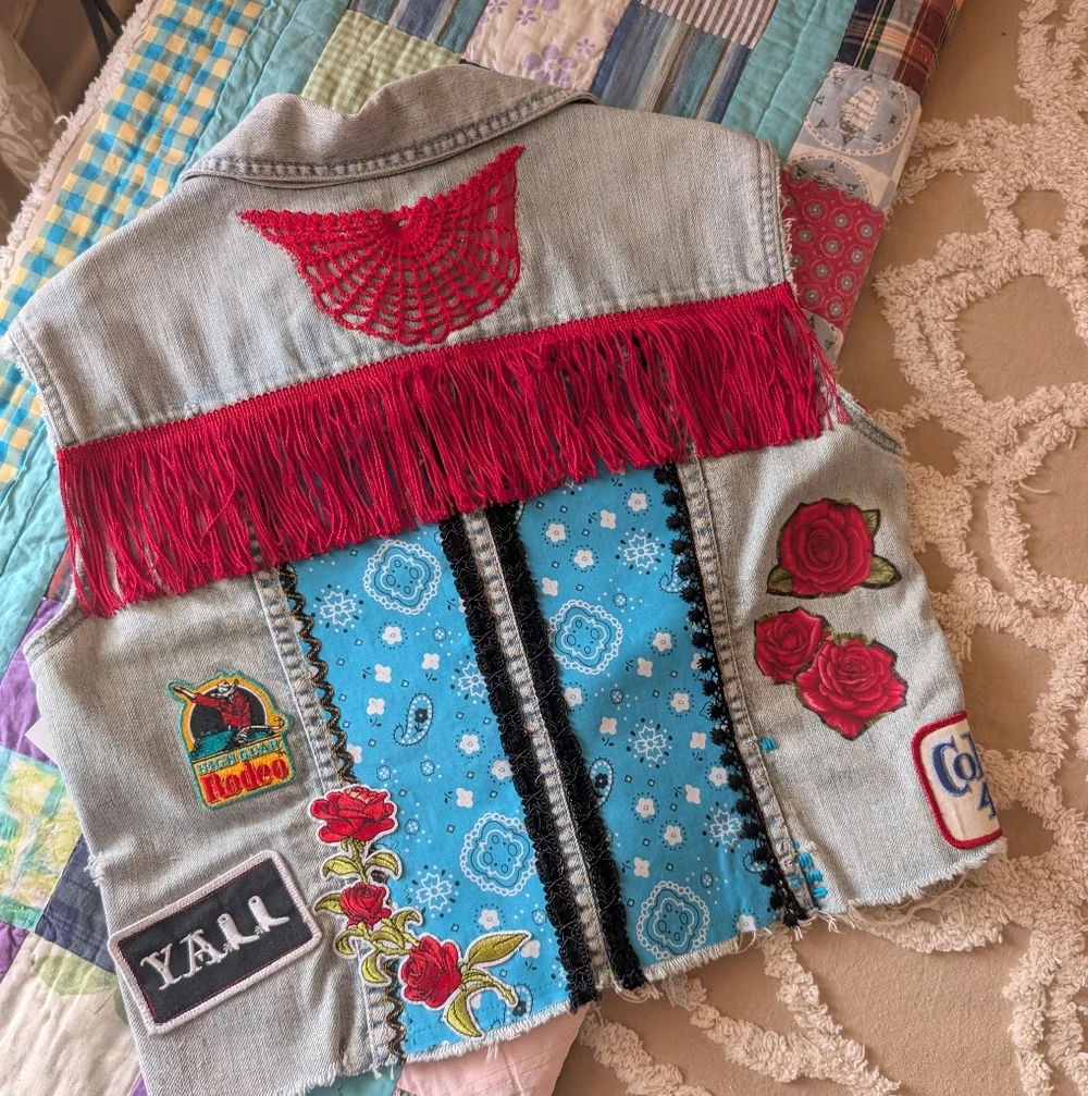 Denim vest, embellished w fabrics, fringe, cowboy boot patch, HANDMADE ITEM - Picture 1 of 11